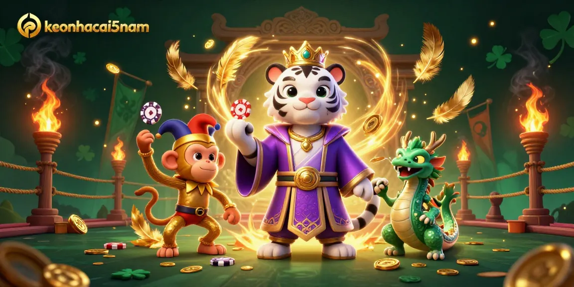Engage with keonhacai5nam as a cartoon tiger and monkey playfully interact amongst vibrant casino elements.