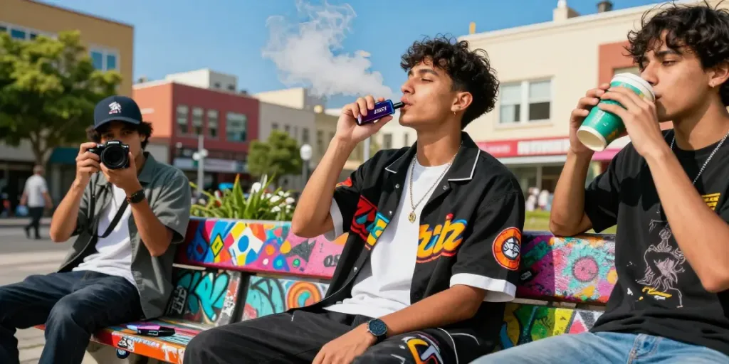 A young adult enjoying Hitz infinity Gen 7 vape in a colorful urban setting, exhaling vapor with friends taking photos.