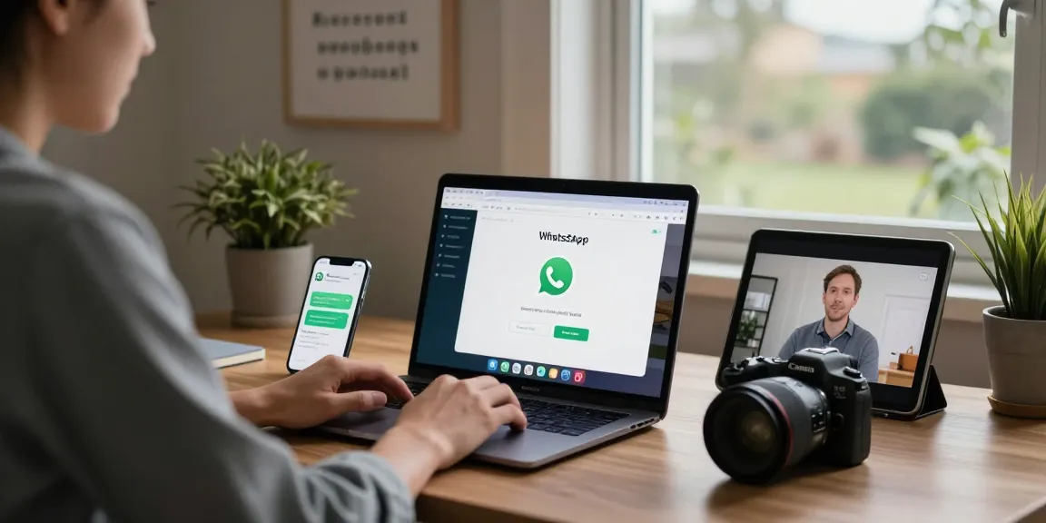 Using WhatsApp電腦版 at a modern home office with multiple devices.
