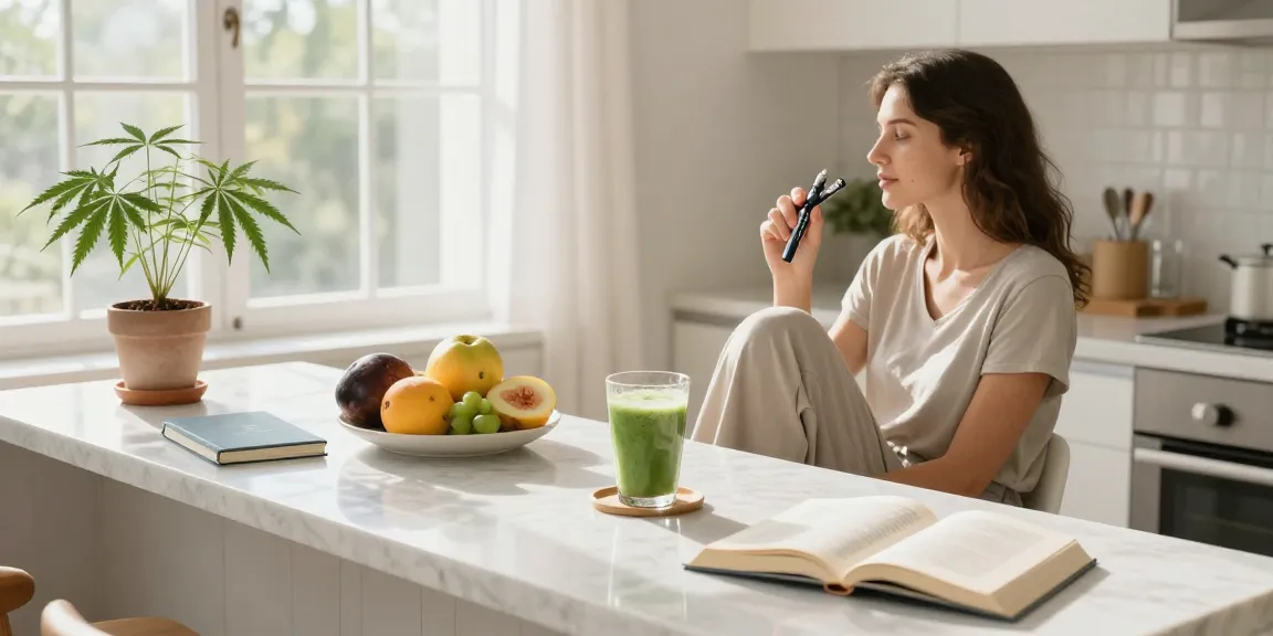Muha Meds disposable vape pen featured in a serene kitchen wellness setting with natural light, fresh ingredients, and hemp plant.