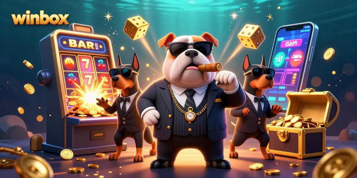 Winbox casino fun with a mafia boss bulldog and dodger bodyguards amid vibrant jackpots and games.