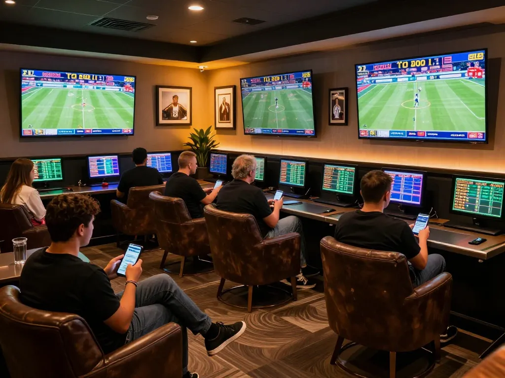 Tỷ lệ kèo nhà cái hôm nay showcased in an upscale sports betting lounge with enthusiasts watching live events.