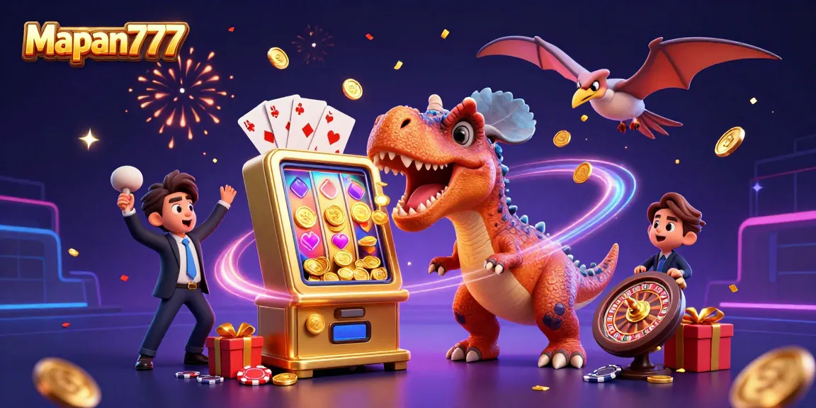 Mapan777 engages players with a cartoon dinosaur celebrating slot wins amidst flying coins.