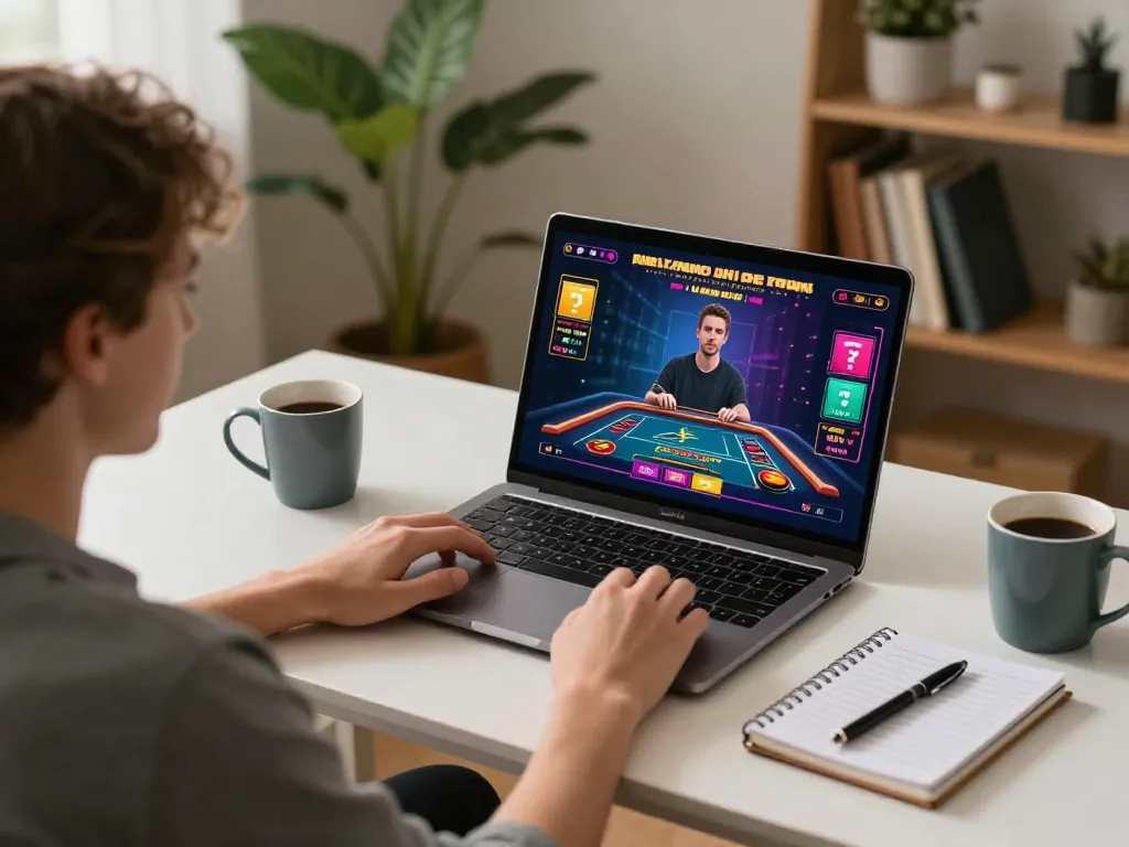 A player enjoying a live dealer game on https://rikvip75.com/ from their stylish home office, representing online gambling comfort.