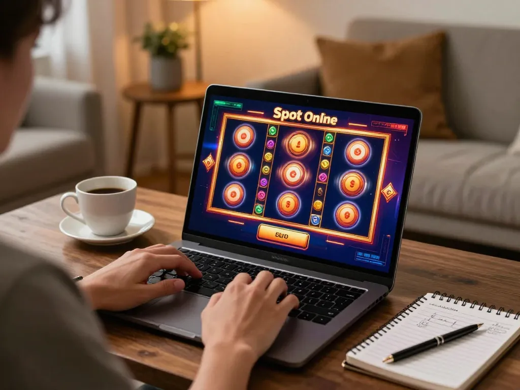 Playing Slot Online on a laptop in a cozy home setting while strategizing with notes.
