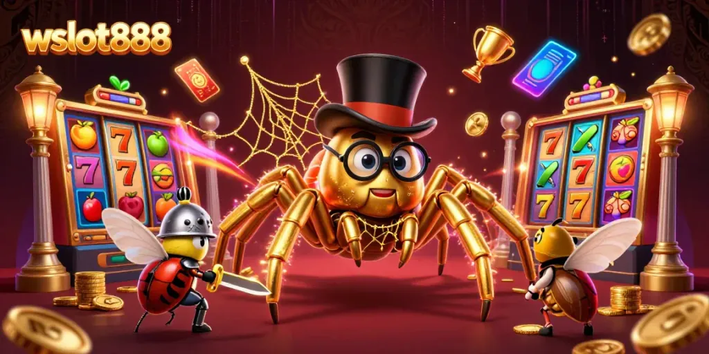 Permainan slot menarik wslot888 dengan karakter kartun menarik dan elemen kasino.