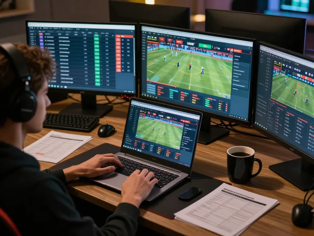 Experience sports betting with USBET on dual screens displaying live odds in a cozy setup