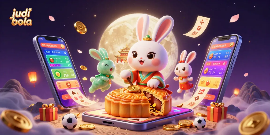 Engage in judi bola as the moon rabbit celebrates with golden mooncakes revealing poker chips.