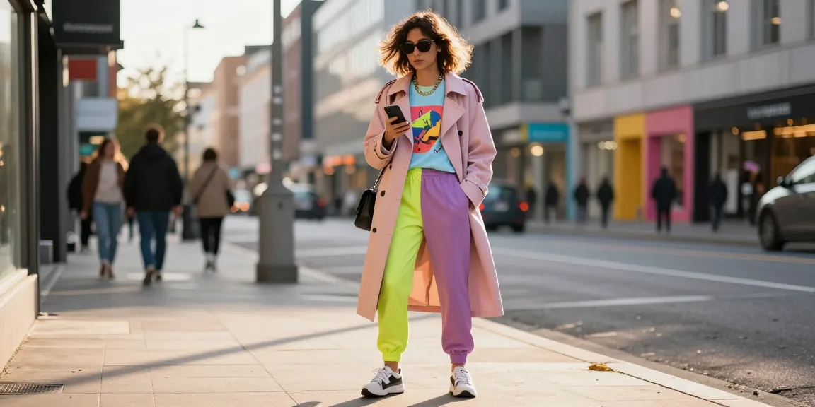 Fashionable person on city sidewalk checking smartphone, showcasing urban style from https://shs-dome5.com/ with warm golden hour glow.