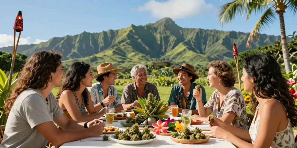 Maui Wowie strain cannabis buds displayed among friends in a tropical Hawaiian setting, vibrant and festive outdoor scene.