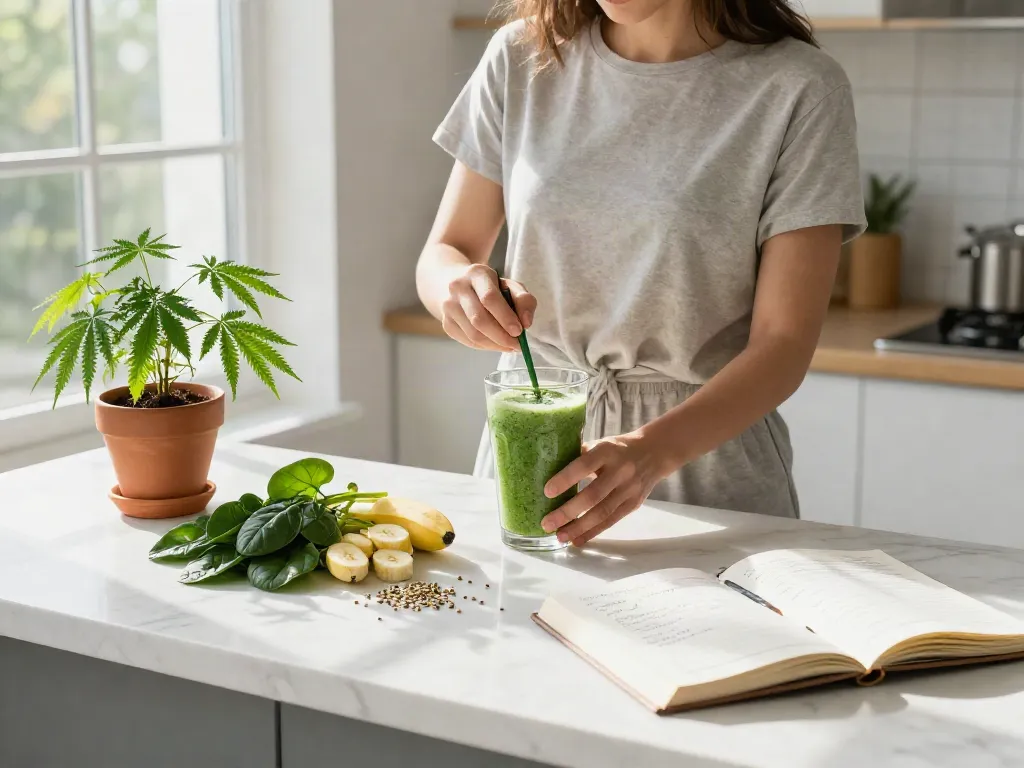 Online dispensary that ships to all states—natural wellness scene featuring CBD oil, fresh hemp, and healthy smoothie preparation in a bright kitchen.