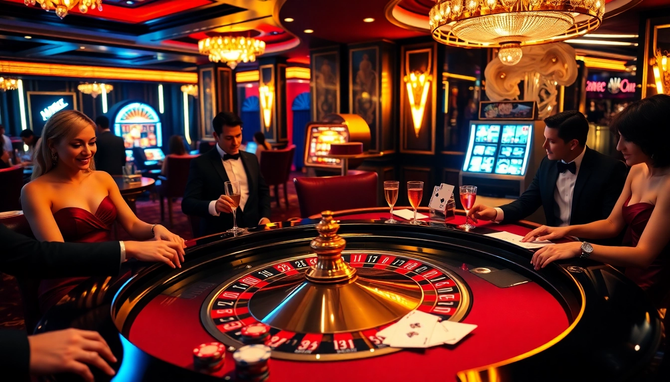 Players enjoying a thrilling casino experience at https://uu888.jp.net/ with vibrant roulette and poker elements.