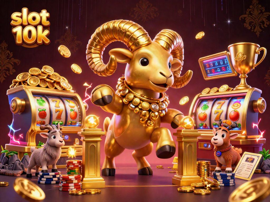 Engage with slot 10k action featuring a golden ram charging through a casino scene densely packed with gaming elements.