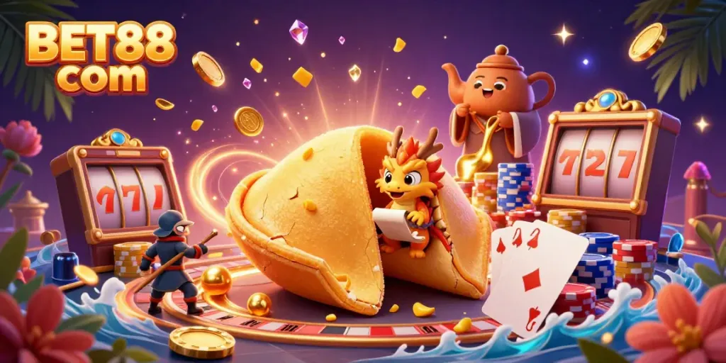 Experience the excitement at BET88 com with vibrant casino elements showcasing golden fortunes, spinning roulette, and sparkling gems.