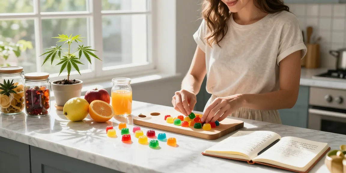 Edibles online showcasing colorful cannabis-infused jelly candies in a bright kitchen, reflecting natural wellness.