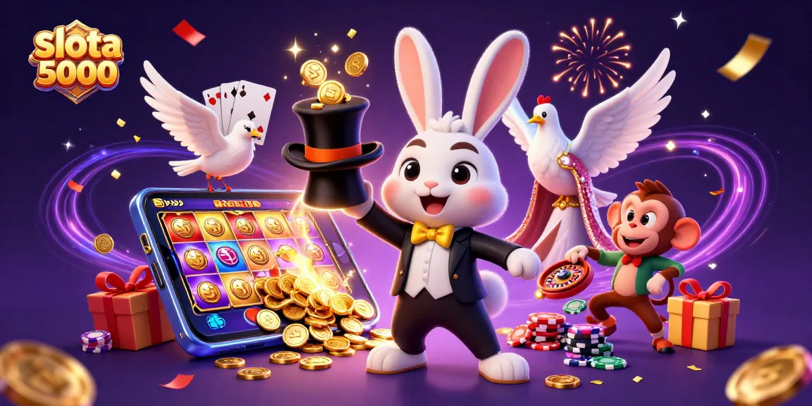 Menangkan slot pulsa 5000 dengan ilustrasi slot dan karakter yang menyenangkan dalam suasana kasino yang meriah.