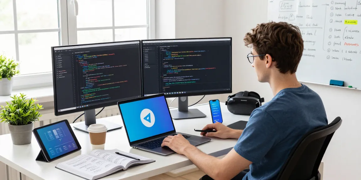 Developer coding Telegram Web Version in a modern workspace, showcasing effective tech interaction and creativity.