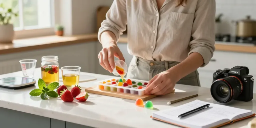 Preparing thc gummies online uk in a cozy kitchen with fresh ingredients and baking tools