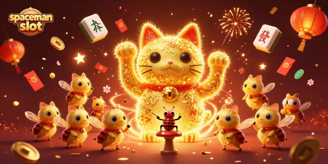 Experience the excitement of spaceman slot with a vibrant lucky cat, casino symbols, and festive decorations.