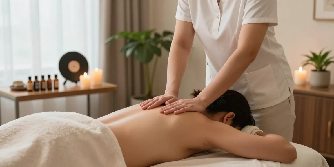 Relaxing 마사지 therapy session in serene room with calming elements.