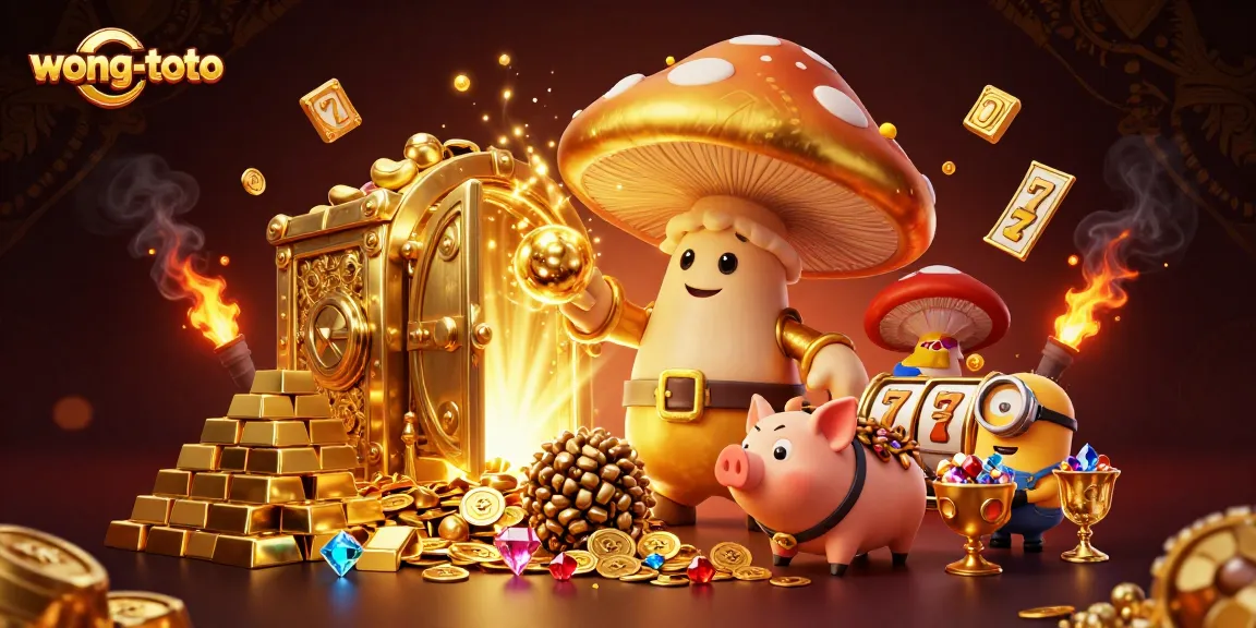 Experience magic with wong-toto's golden wizard, treasure, and slot elements in this vibrant casino scene