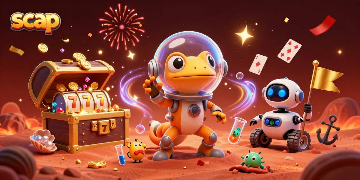 Engaging sidereal image of a Martian gecko celebrating winnings at scap casino with vibrant gold coins.