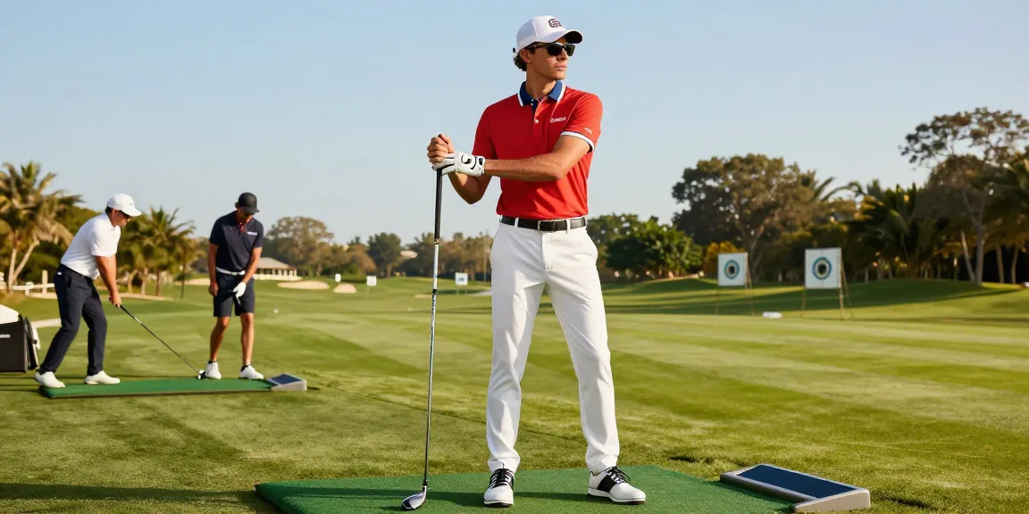 Stylish golfer in vibrant golfwear replica at driving range, showcasing modern golfing lifestyle.