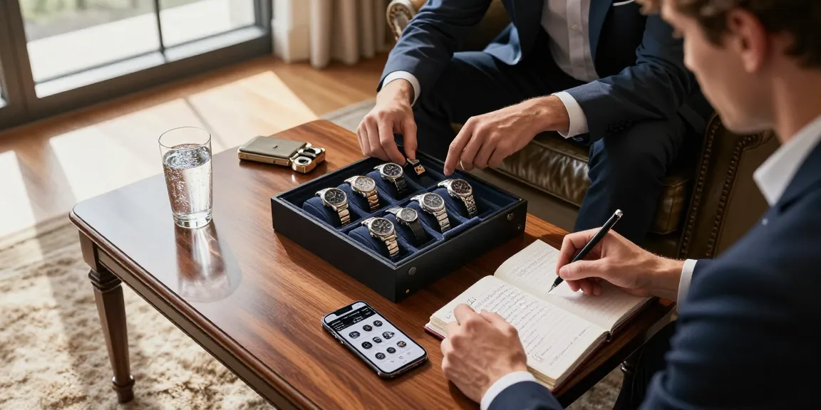 Luxury replica watch collection displayed elegantly on a coffee table, showcasing premium timepieces for discerning buyers.
