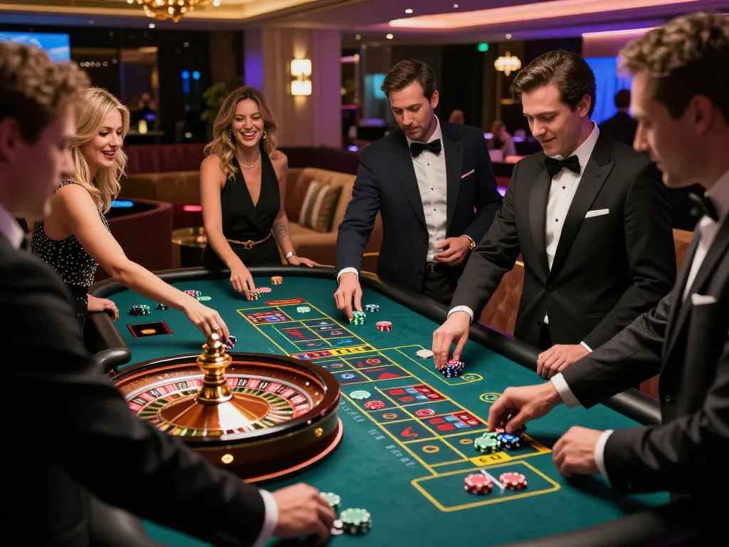 Players placing bets at a vibrant roulette table in a sunwin casino, capturing the excitement of strategic gameplay.