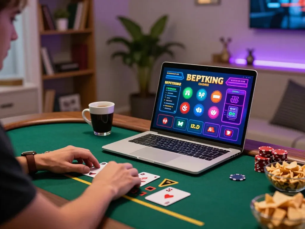 Player enjoying blackjack on laptop at home, experiencing fly88's engaging online casino.