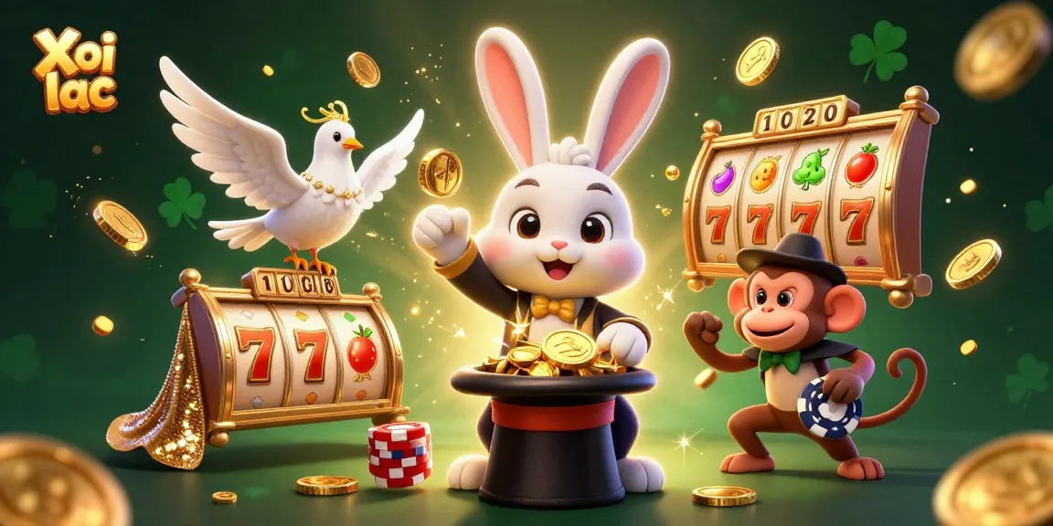 Xoi lac showcases a magical scene with a rabbit and dove performing on a slot machine, surrounded by gold coins.