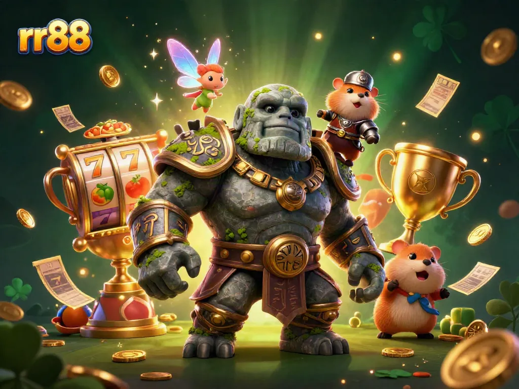 Spin to win at rr88 with a golem guardian and magical fairy in a vibrant casino setting.