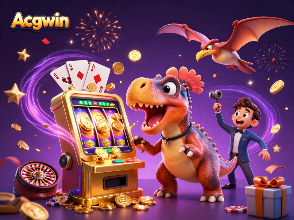 Acgwin slots scene with a dinosaur and casino manager celebrating a jackpot win