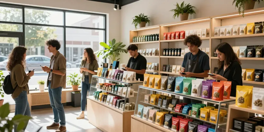 Customers exploring flavored hash options in a vibrant cannabis shop, showcasing import hash selections.