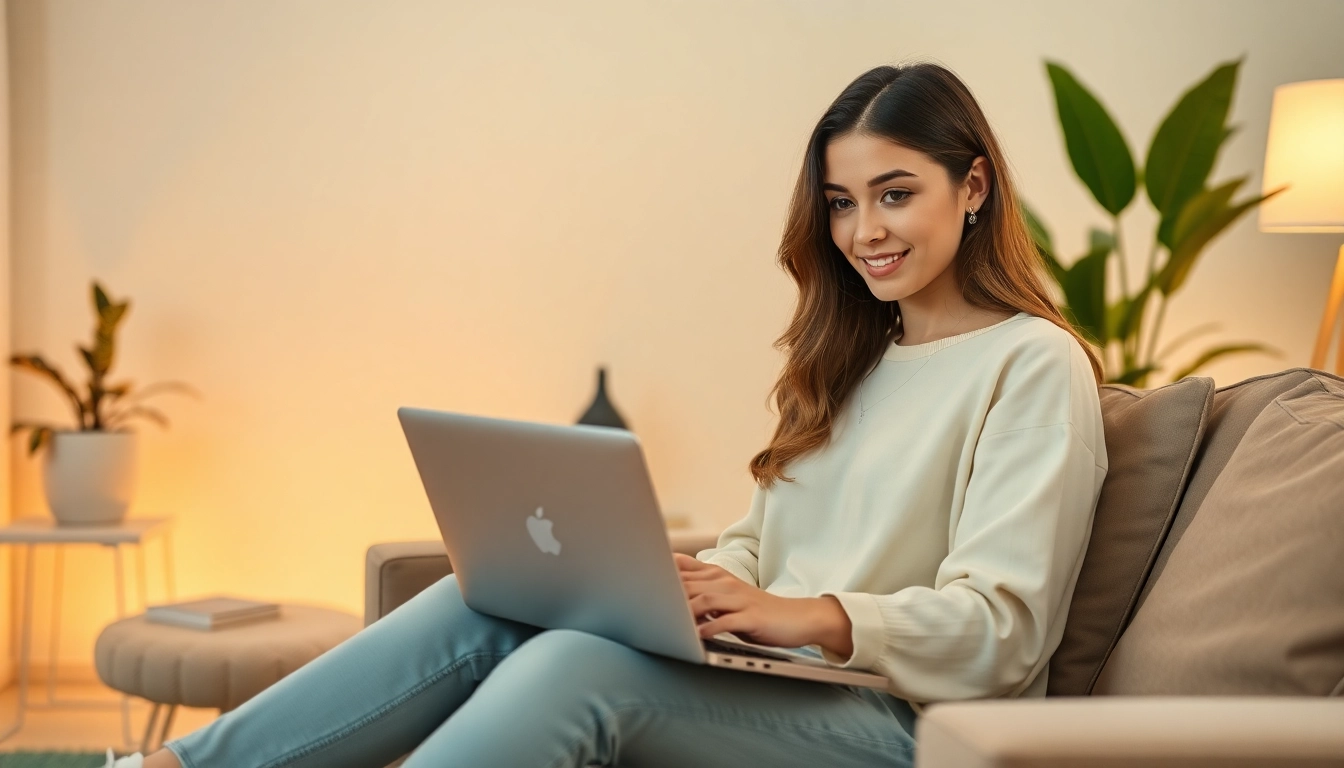 Search OnlyFans by photo on a stylish laptop in a cozy room, showcasing an interactive interface.
