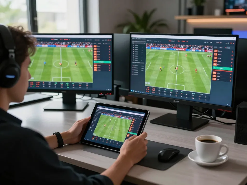 Engaging in kèo nhà cái strategies while live betting on soccer matches from a modern home setup.