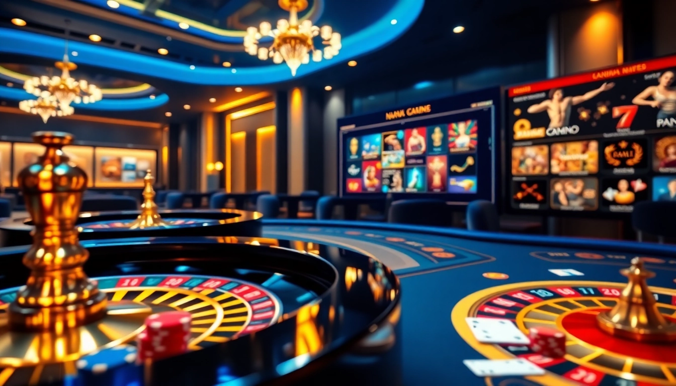 A dynamic gaming scene showcasing nhà cái sa88's vibrant online casino experience with roulette wheel and poker chips.