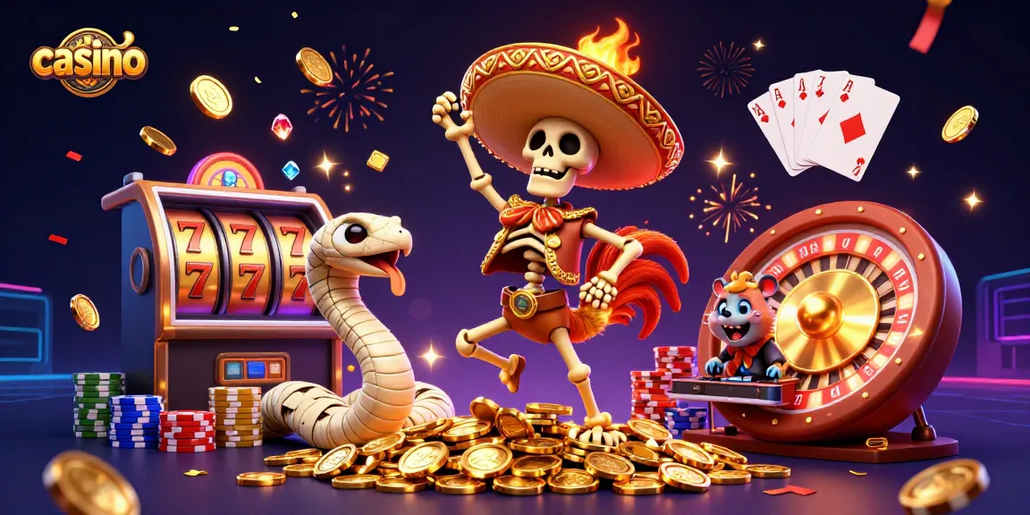 A skeleton mariachi rooster celebrates with golden coins in a vibrant casino scene.