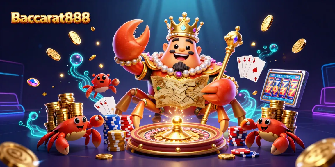 Engage with Baccarat888, featuring a 3D golden crab emperor in a vibrant casino scene.