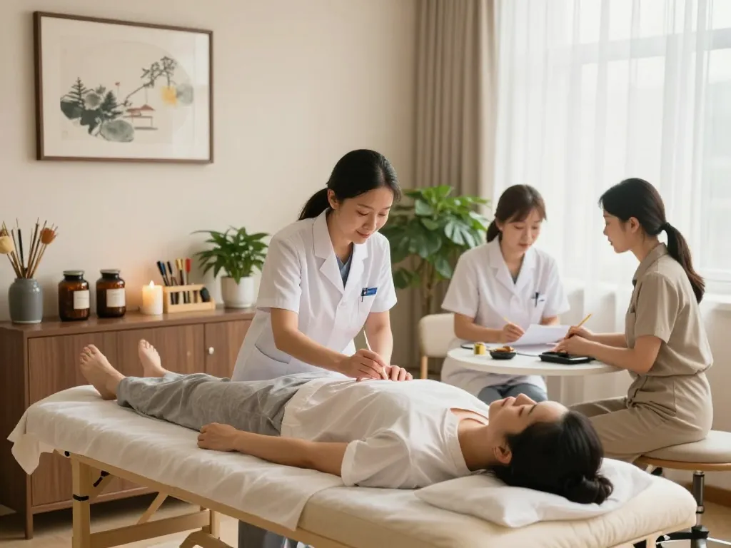 Acupuncture session at 수원한의원 showcasing a tranquil healing environment with professional care.