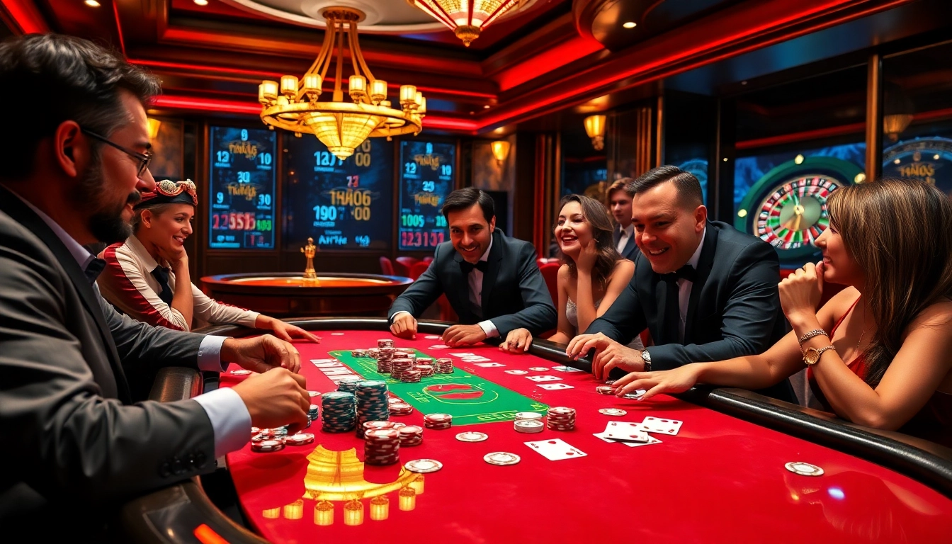 Gamblers engaged in high-stakes poker at the b52club table in a luxurious casino atmosphere.