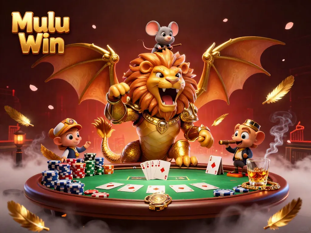 Mulu Win showcases a dynamic poker scene with a proud chimera and mouse jockey in golden armor.