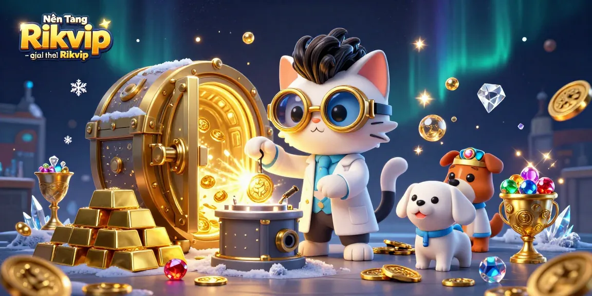 Nền Tảng Rikvip - giới thiệu Rikvip showcases an exciting casino scene with animated characters creating treasure