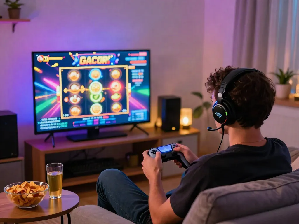 Exciting slot online gacor game played in a cozy living room.
