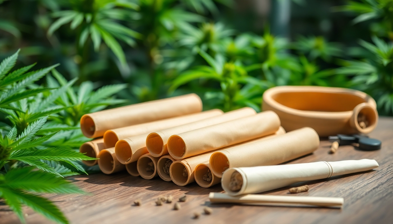 hhc pre rolls showcased elegantly on a wooden table with a lush green background.