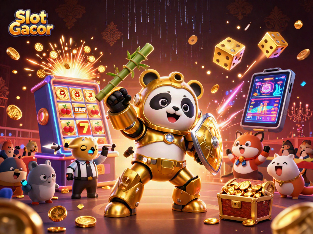 Engage with Slot Gacor as the mech-suit panda commands a dynamic jackpot explosion in a vibrant 3D casino arena.