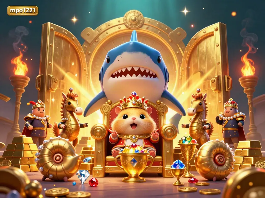 MPO1221 showcases a golden hamster king surrounded by treasures in a vibrant underwater casino.