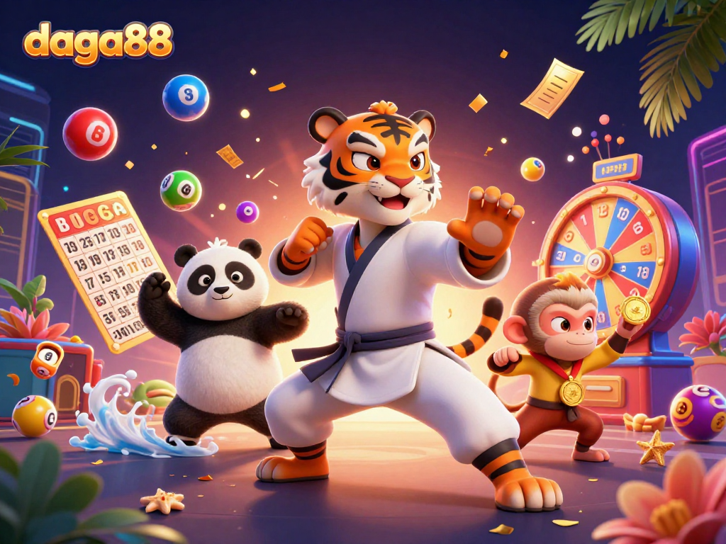 Daga88 delivers thrilling online gambling action, showcasing a tiger master amidst colorful lottery elements.