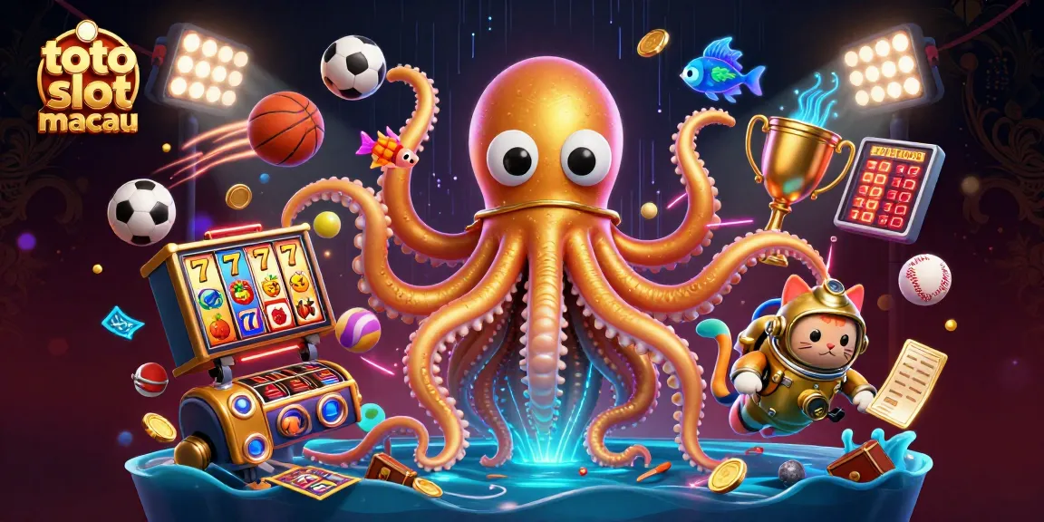 Win big at toto slot macau with an exciting illustration showcasing a colossal kraken and dynamic slot elements.