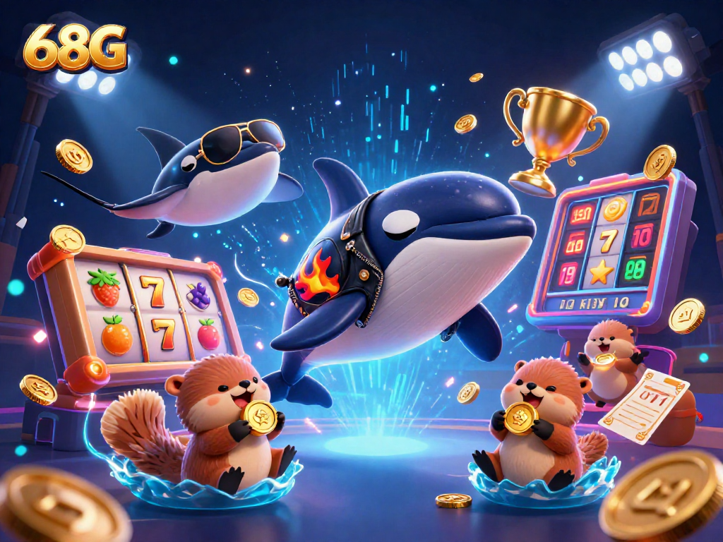 Ilustração 3D do orca e animais do mar em jogo de cassino com 68G, segurando moedas de ouro.